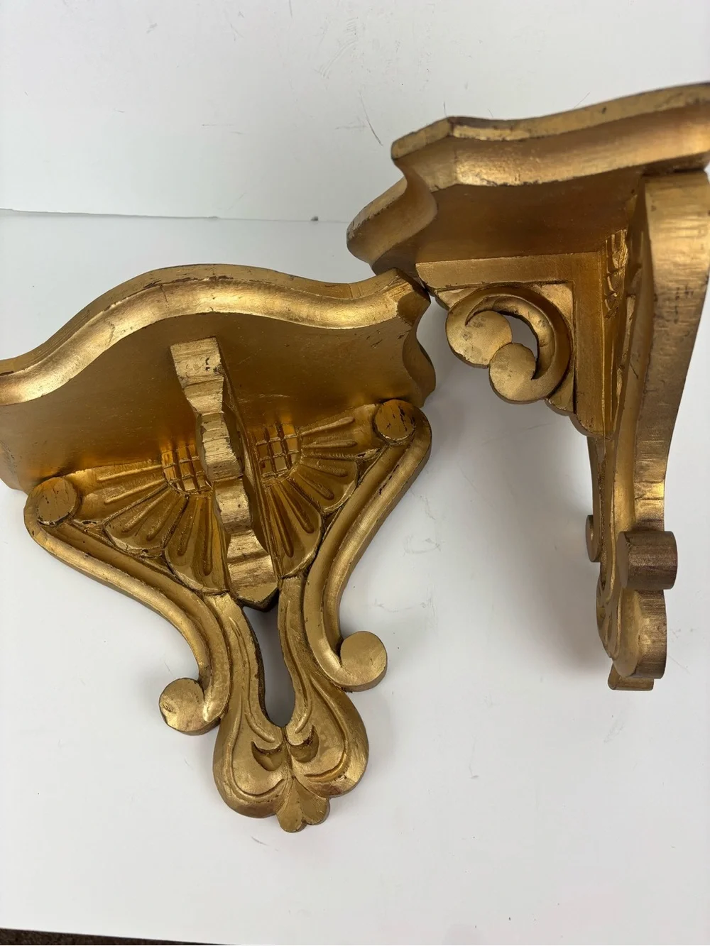 Vintage Wood Wall Bracket Shelf Pair (2) Ornate Carved-Painted Gold